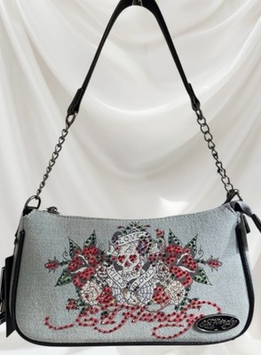 Ed Hardy Denim Rhinestone Love Kills Slowly Bag ~Flowers  display picture 3