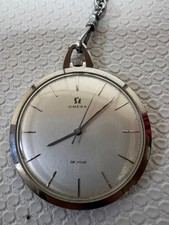 Omega De Ville Pocket Watch Stainless Steel Chain, Simple Dial, Used