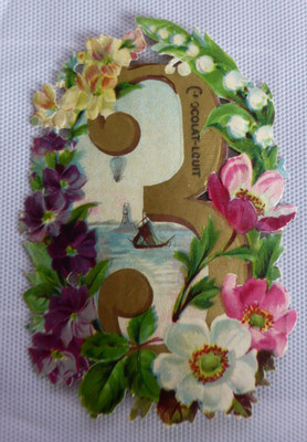 Oblaten scrap die cut chromo  Blumen Boot Zahl 3  11,5 cm