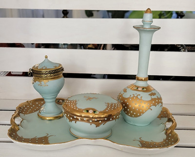 Vintage Lenwile Ardalt Japan Porcelain Vanity Set Blue Gold