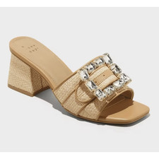 A New Day Women's Beige Kathleen Raffia Buckle Block Heels 8.5