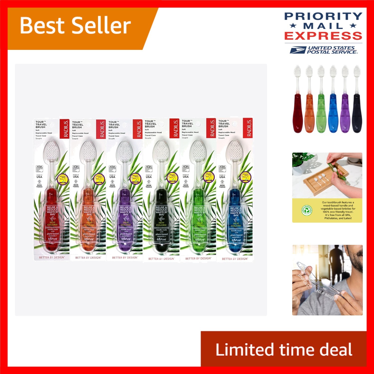 Eco-Friendly Travel Toothbrush Pack of 6 with Replaceable Heads - ADA Accepted