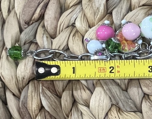 VTG Y2K Charm Cha Cha Bracelet Lampwork Glass & Floral Beads Silver Tone 7-8in - Picture 8 of 9
