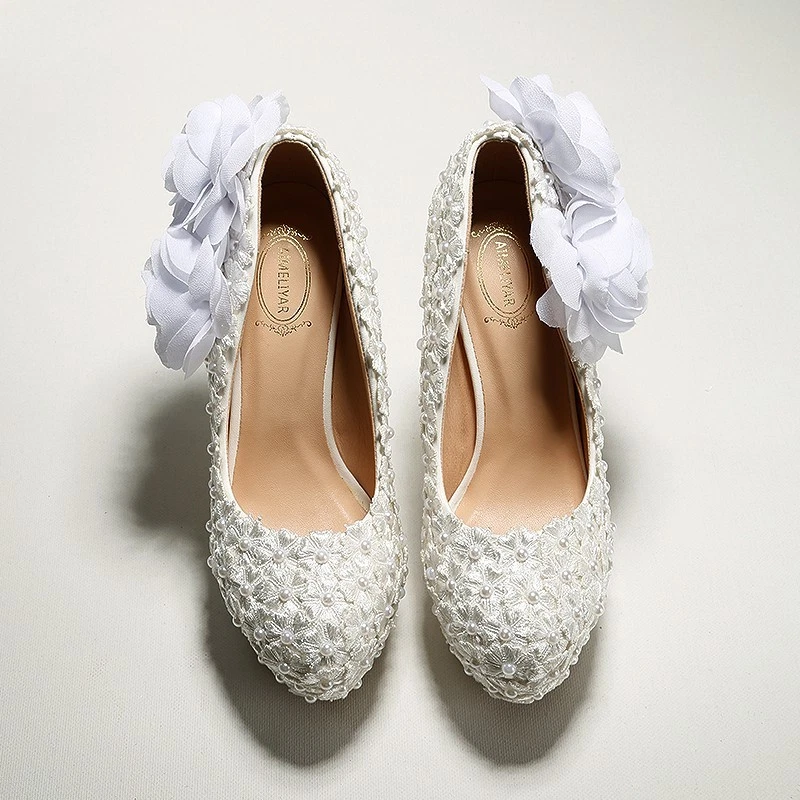 White Lace Flower Pearl String Tassel Bridal Wedding Shoes for Women with Ultra - Image 4 of 4