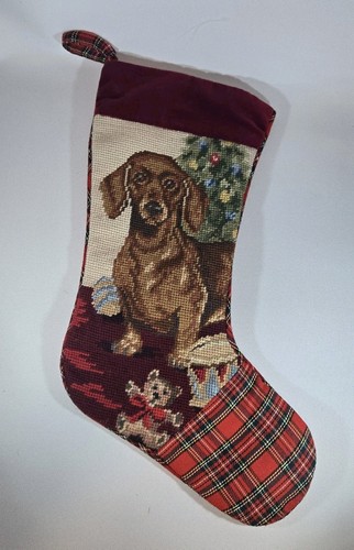 Handarbeit Dackel Weihnachtsstrumpf Nadelspitze Stickerei Wolle Baumwolle