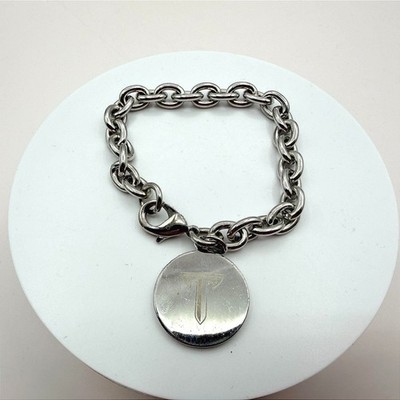Vintage Y2k Silver Tone Chain Bracelet Engraved Round T Initial Charm Jewelry
