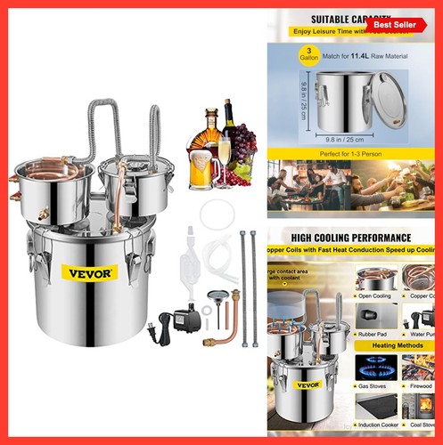 Alcohol Still 3 Gallon Stainless Steel Distiller Copper Tube Thermometer Water