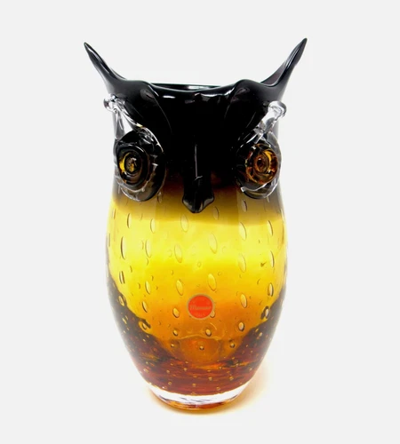 no Art Glass Freeform Bird Owl Facial Featured Studio Blown Vase & Bubbles