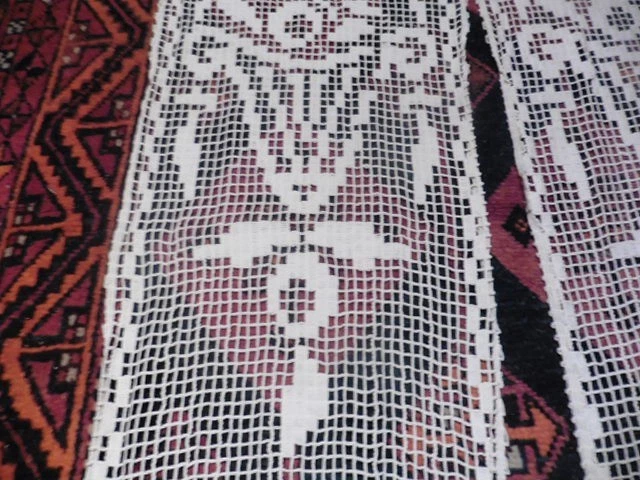 2 ANCIENS RIDEAUX EN FILET COTON A FRANGES"FLEURS" H210X40 CM '1900 - Photo 3/4