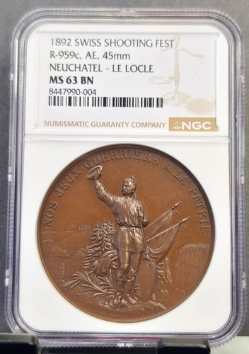 1892 SWITZERLAND SHOOTING FESTIVAL MEDAL NEUCHATEL LE LOCLE NGC MS 63 BN RARE