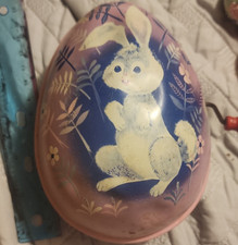 Mattel Vintage 1953 Tin Wind-Up Easter Bunny Egg Toy Pink Floral Litho