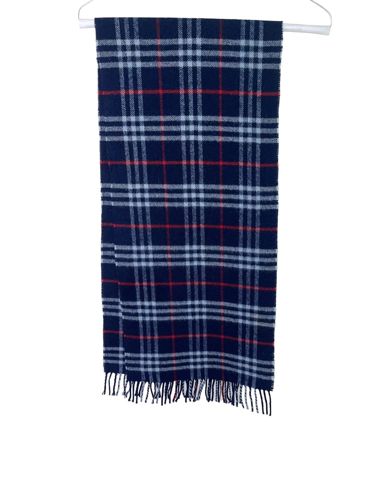 Burberrys Scarf Vintage Womens One Size Blue Check Pure Lambswool Fringe England - Image 3 of 4