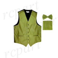 New Men's Tuxedo Vest Vertical Stripes Bowtie Hankie set party Spinach Green