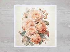 Romantic French Shabby Chic Peach Roses Fabric Panel Sewing Quilting Block A195