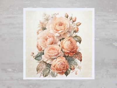Romantic French Shabby Chic Peach Roses Fabric Panel Sewing Quilting Block A195