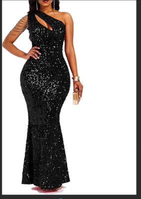 VERWIN Sequins Fashion Sleeveless Oblique Collar Mermaid Party Dress Size M NWOT