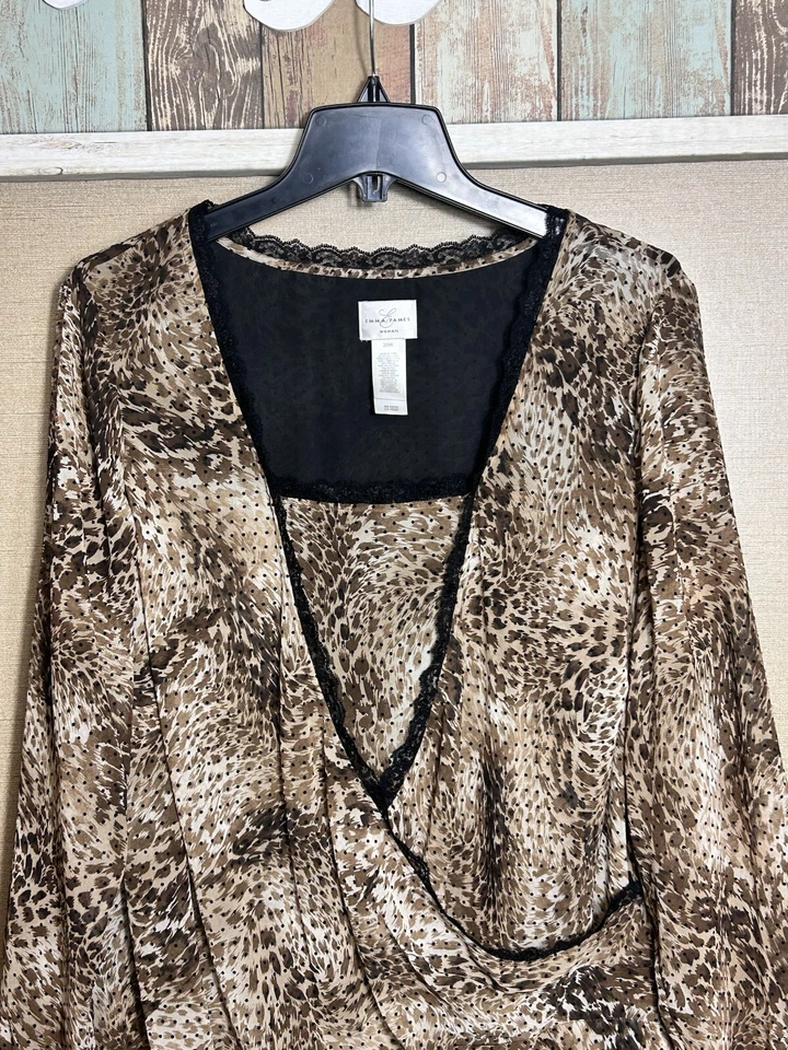 Blusa Top Emma James Talla 20W Estampado Animal Forrada Transparente Encaje Marrón Negro (G) Foto 2 de 4