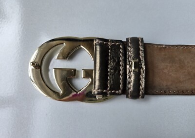 Gucci Belt Gold GG Buckle 85 34 Pewter Gray Brown Metallic