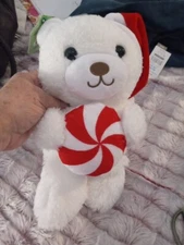 Hallmark White Bear Peppermint Candy Red Santa Hat Plush Stuffed Animal Toy 11"