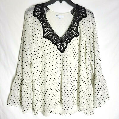 DR2 Blouse Long Ruffle Sleeve Lace Polka Dot Texture V Neck Lined Size Small