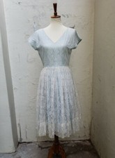 VTG 1950s Blue Satin Lace Overlay Frans Flare Tea Length Party Dress