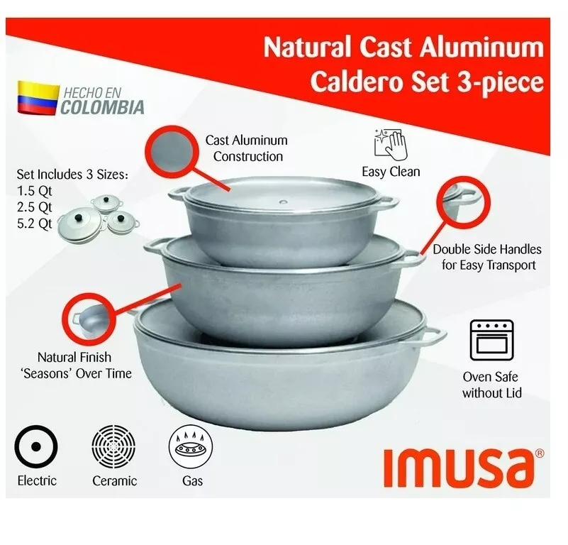 IMUSA USA 3 Piece Polish Aluminum Caldero Set, Silver 1.6, 3.2, 4.6-Quarts  (Dutch Oven Set),Gray