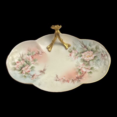 Antique W.G. & Co. Hand Painted Artist Signed Floral Gold Handled Tray Limoges
