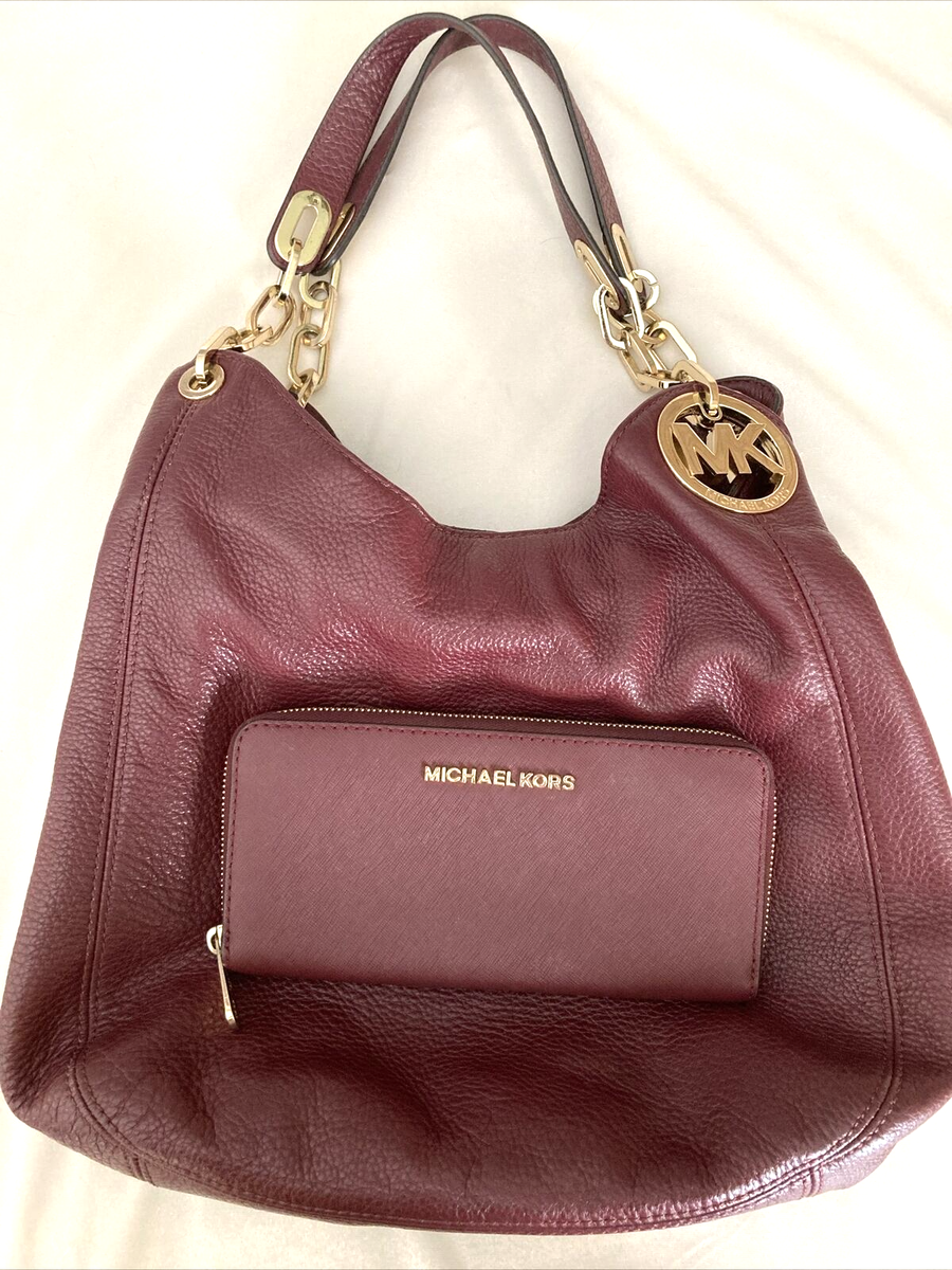 Michael Kors Burgundy Pebble Leather Hobo Shoulder Bag Purse w/ Matching  Wallet