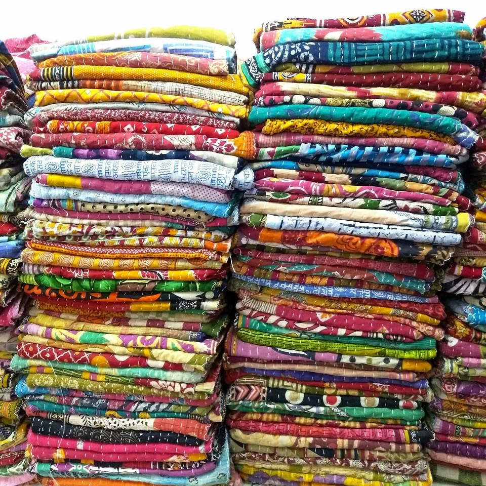 Indian Vintage Handmade Kantha Quilt Reversible Cotton Throw Wholesale Lot 5 pc - Image 4 of 4