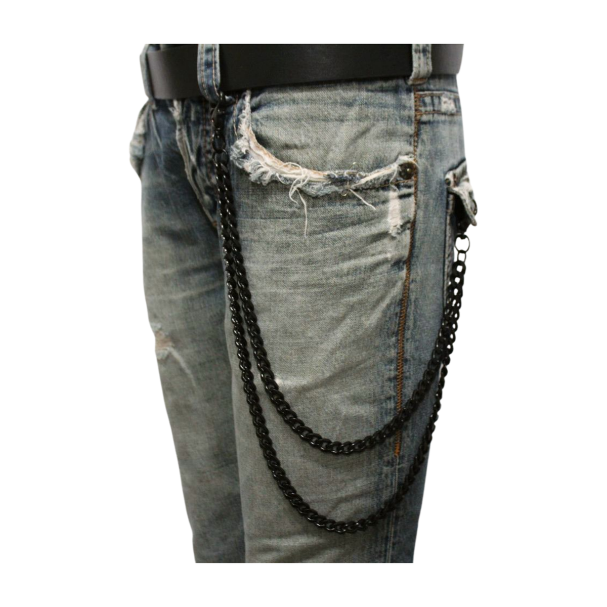 Men Black Long Metal Wallet Chain Link 2 Strands Jeans Bold Biker