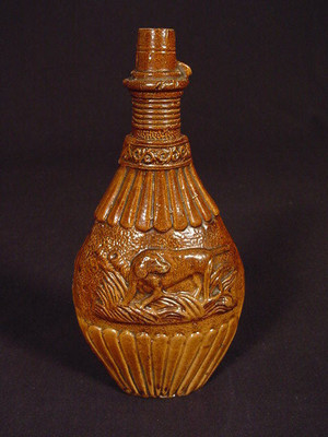 Yellow Ware Rockingham Dogs VERY RARE EARLY 1800s HUNT FLASK with DOG FIGURES ROCKINGHAM YELLOW ...