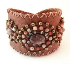 Beaded leather cuff bracelet Handmade Soft adjustable 8.5-in long