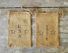 Primitive Americana Draw String Bag Handmade Hand Stamped Set Of 2 Patriotic