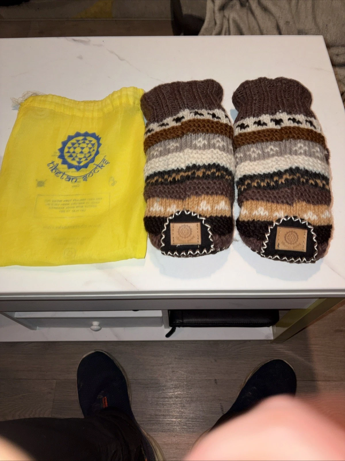 Tibetan Long Slipper Socks Hand Knit Wool Fleece Lined Non-Slip Small