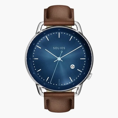 Solios  The Solar Curve  Men s Watch - Blue Dial Silver Case Brown Vegan Strap