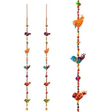 Set of 2 Indian Door Hanging 5 Fabric Birds Tota String with Bell Festival