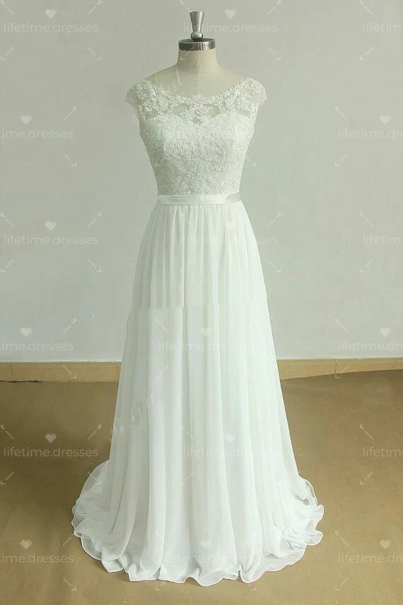 Chiffon Wedding Dresses Sleeveless White Ivory Lace Elegant Bridal Gowns - Image 3 of 4