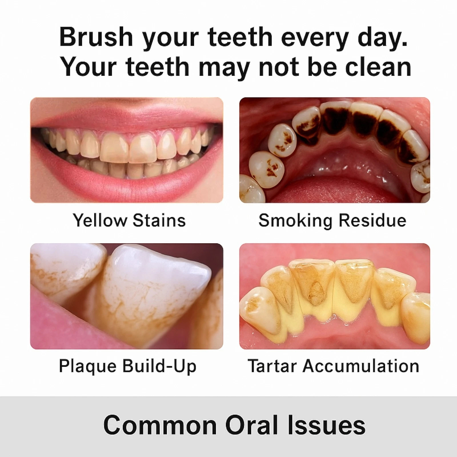Yellow stains, smoking residue, plaque build-up and tartar accumulation