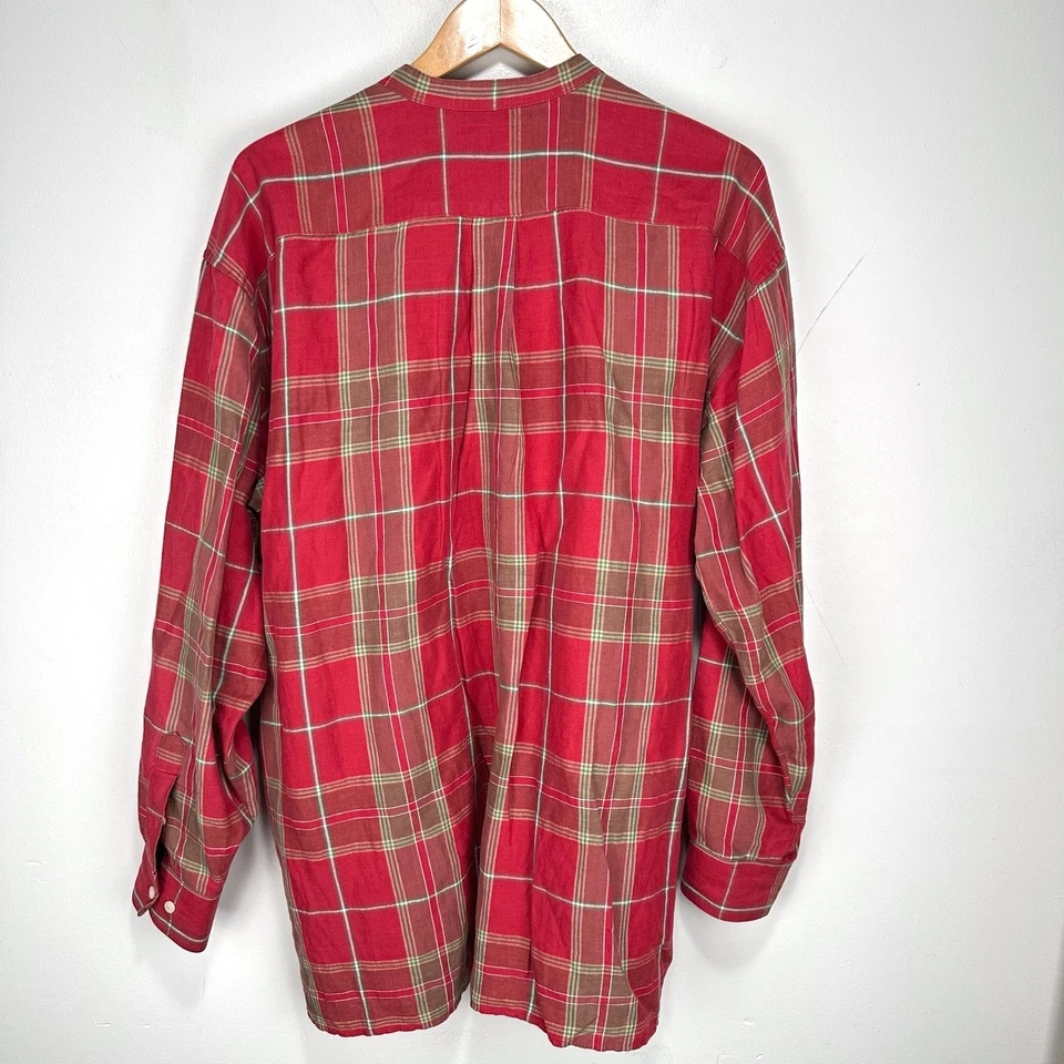 Structure Le Collezioni Linen Cotton Band Collar Shirt Men Large Red Plaid VTG - Image 2 of 4
