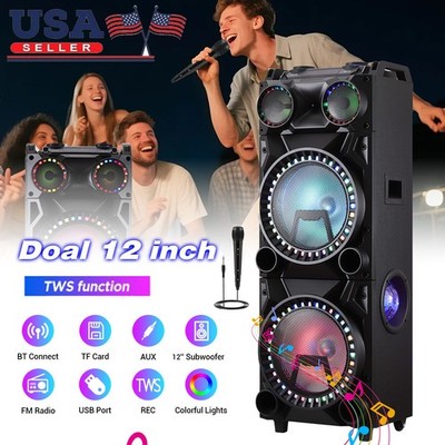 Dual 12'' Woofer Portable FM Bluetooth Party PA Speaker Heavy Bass Sound With Mic