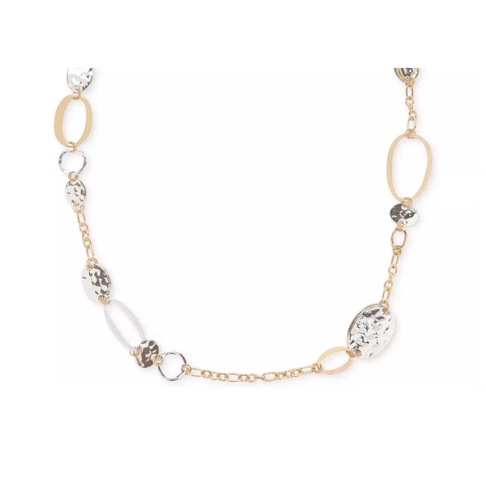 Collar Disco Martillado Tono Oro y Plata | Cadena Figaro Chic Brillante 43" Largo Nuevo con Etiquetas Foto 3 de 4