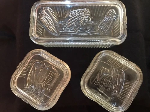 Vintage Federal Ribbed Glass-6 Piece Refrigerator Dishes with Vegetable Lids