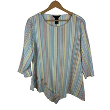 Ali Miles Striped Asymmetrical Hem Tunic Top Large Linen Cotton Coastal Colorful