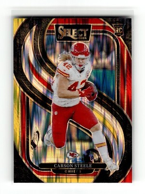Carson Steele 2024 Panini Select #142 Rookie Chiefs Red & Yellow Prizm Shock RC