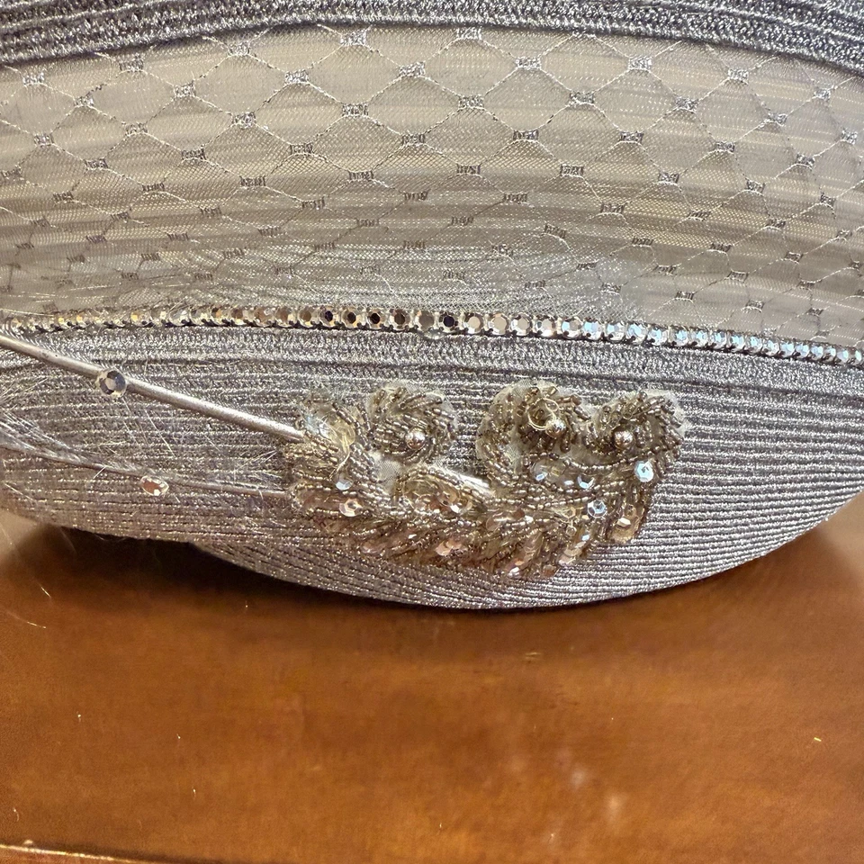 VTG Silver Couture Hat by Donna Vina Embellished Rhinestones Church Derby - Image 4 of 4