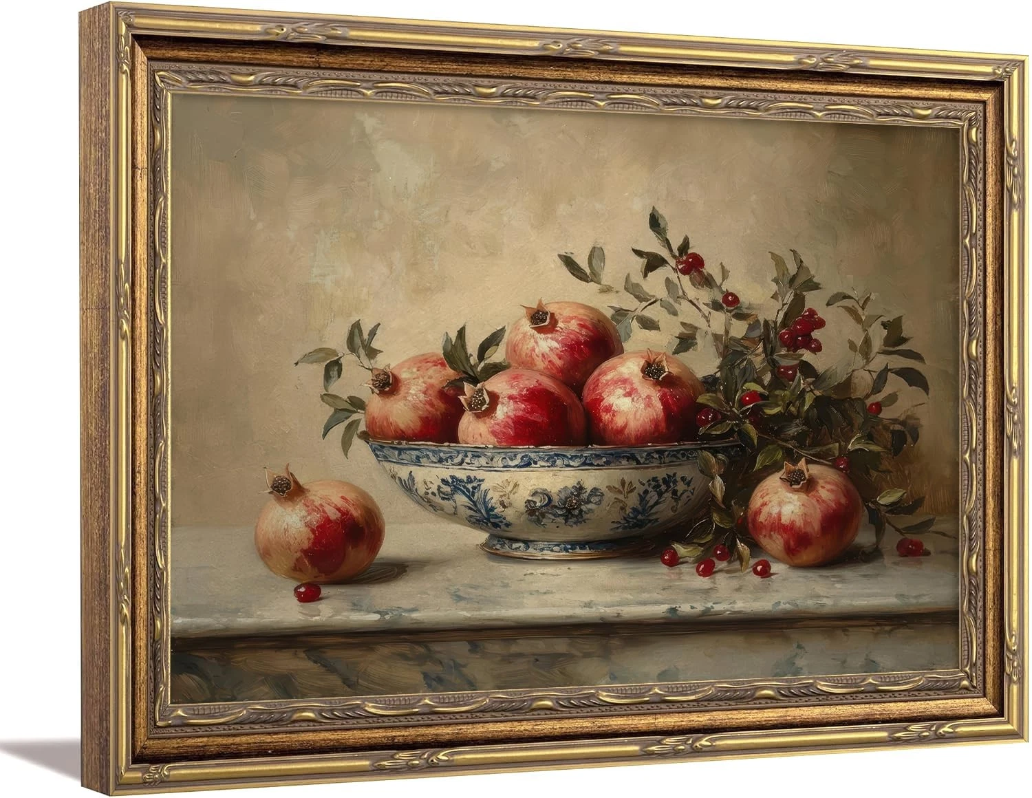 Framed Vintage Pomegranate Still Life Wall Art, Moody Kitchen Canvas Wall Dec...