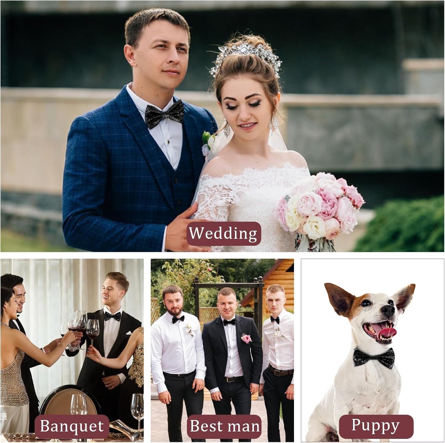 KALIONE Black Sequin Bow Tie Glitter Bowtie Men's Pre-Tied Bows Ties... 