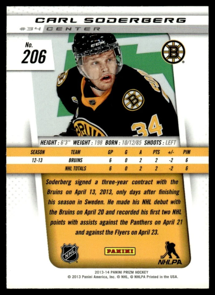 2013-14 Panini Prizm Carl Soderberg Rookie Boston Bruins #206 - Image 2 of 2
