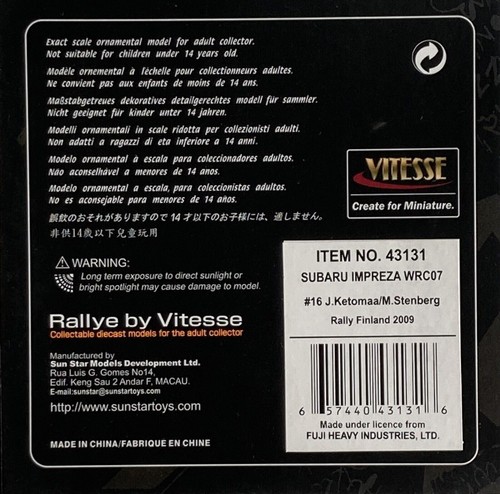 1/43 Vitesse 43131 L/E Subaru Impreza WRC 2009 Finlandia #16 Ketomaa & Stenberg - Foto 5 di 5