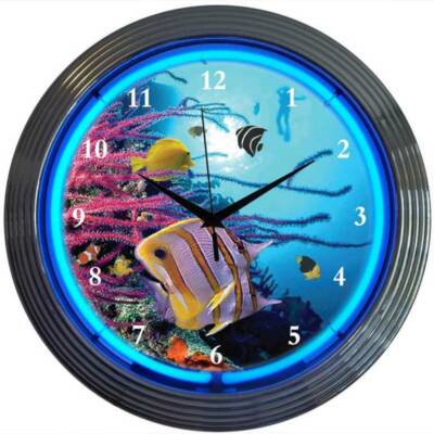 Ocean Fish Sealife Artwork Blue Neon Wall Clock 15'' Diameter 8AQUAX Neonetics